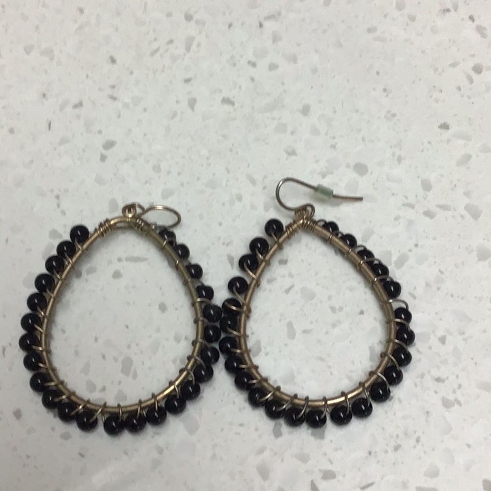 Black Beads on Gold Plated Oval Hoop Earrings